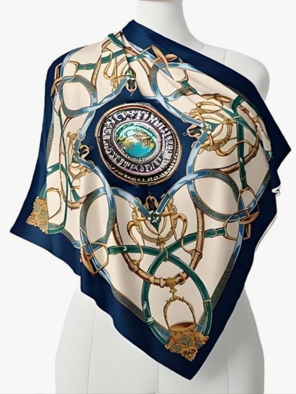 Stylish Silk-Blend Navy & Cream Printed Golden Intertwined Chains